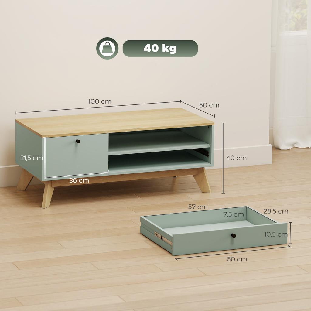 Living Room Coffee Table, Rectangular Side Table with Drawer, Door and Open Compartment, Light Green and Oak