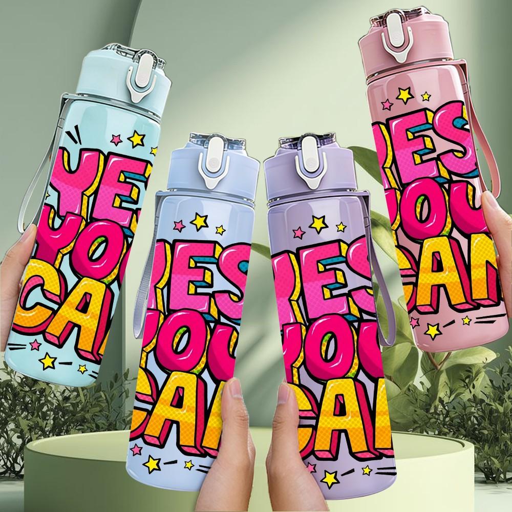 1PC Yes You Can Bright Pop Slogan Lettering 750ml Color Plastic Sports Water Bottle Leakproof Flip Straw Lid Suitable for Sports Office Home Use