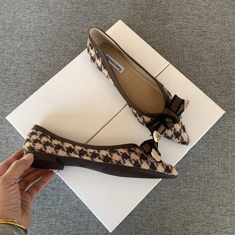 Pointed flat-soled women's single shoes 2025 new thousand bird grid bow lady shoes comfortable versatile soft sole four-season ladyshoes