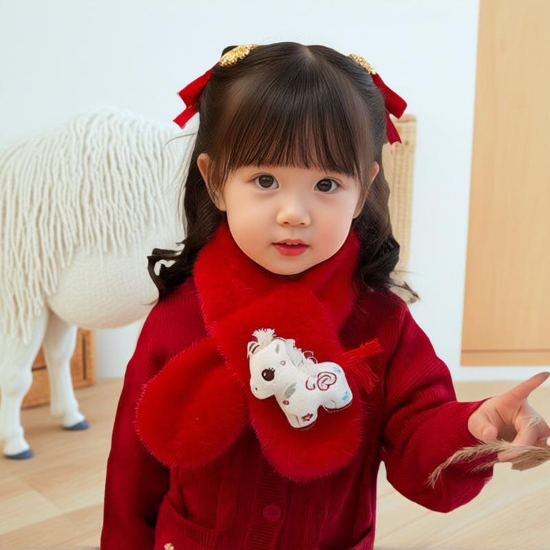 Autumn Winter Children's Scarf Chinese Style Zodiac Animals Red Scarf Cartoon Pony Plush Neck Warm Scarves New Year Gift