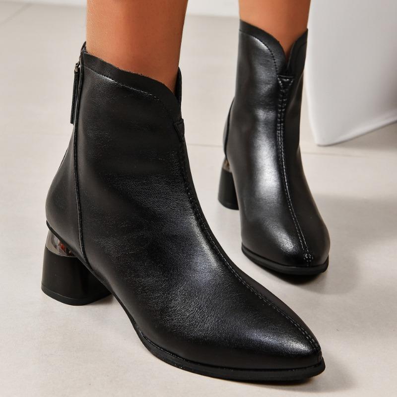 New Style Fashionable All-match Thick Heel Non-tiring Pointed Toe Leather Boots In Autumn and Winter