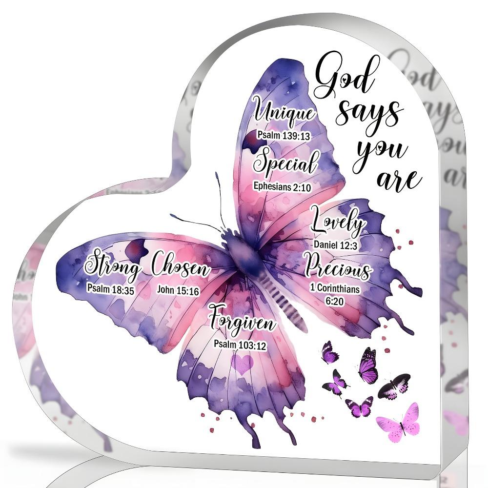 Inspirational Christian Heart-Shaped Acrylic Plaque for Women - "God Says You Are" Religious Gift with Butterfly Design, Scripture Verses & Pink Acce