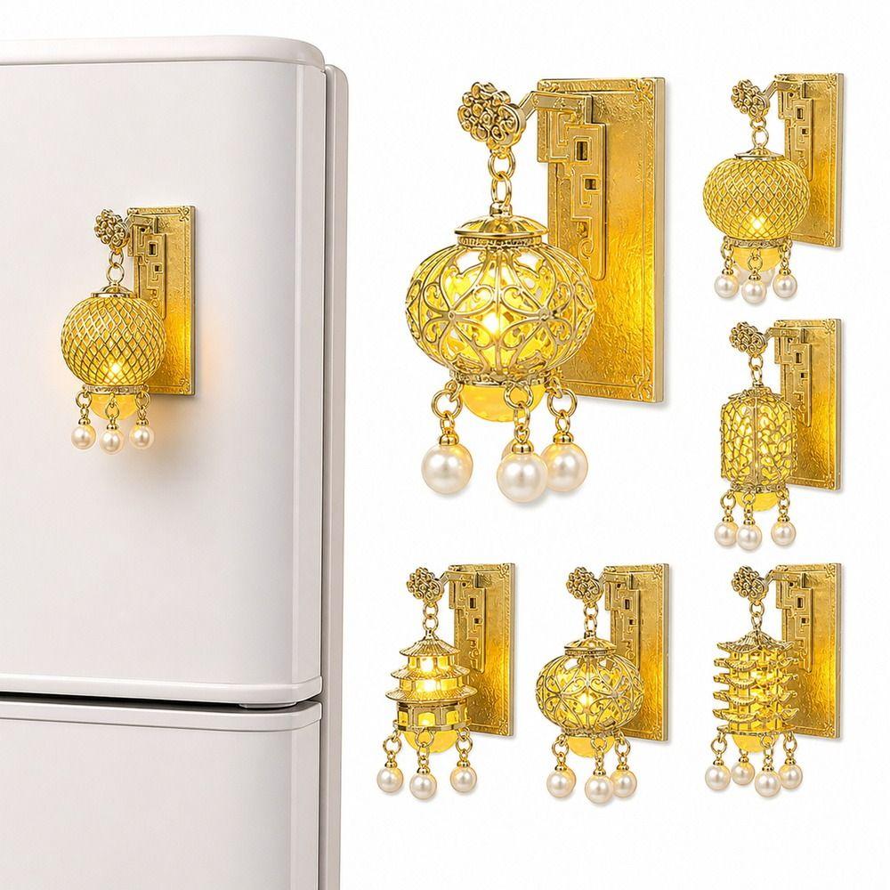 Light Up Lantern Fridge Magnet New Chinese Style Pearl Embellishment Pavilion Fridge Magnet Palace Style Tassel Pendant
