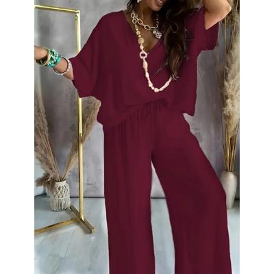 Casual Solid Color Pants Set, Women's Two-piece Set with Half Sleeved V-neck Top and Wide Leg Pants
