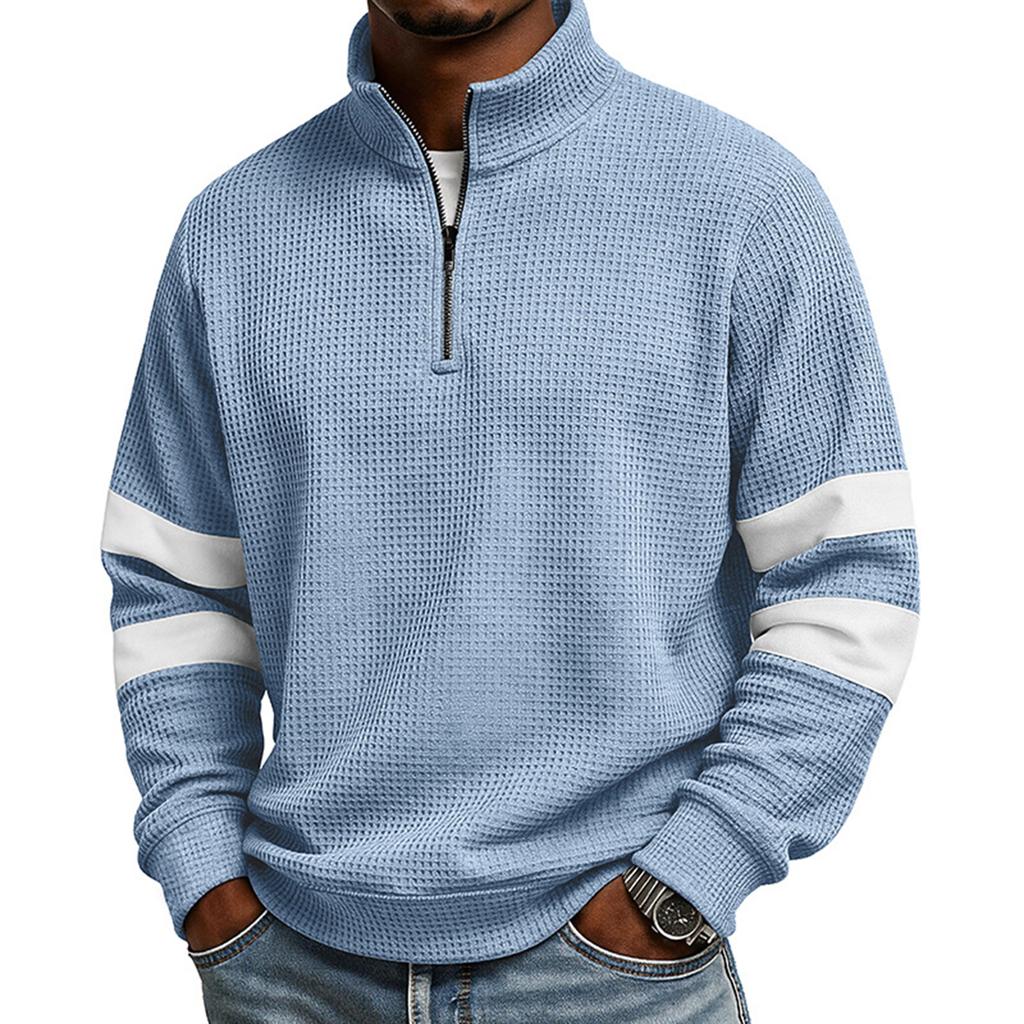 Men's Long Sleeve Quarter Zip Waffle Knit Pullover Sweater Loose Fit Stand Collar Casual Top with Color Block Sleeve Stripes