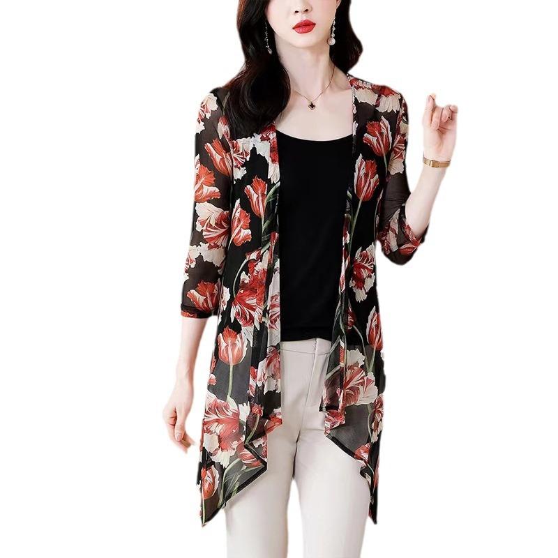 Outer Cardigan Sun Protection Jacket Women's Chiffon Top Mid To Long Summer Casual Vacation Mesh Thin Jacket Women's