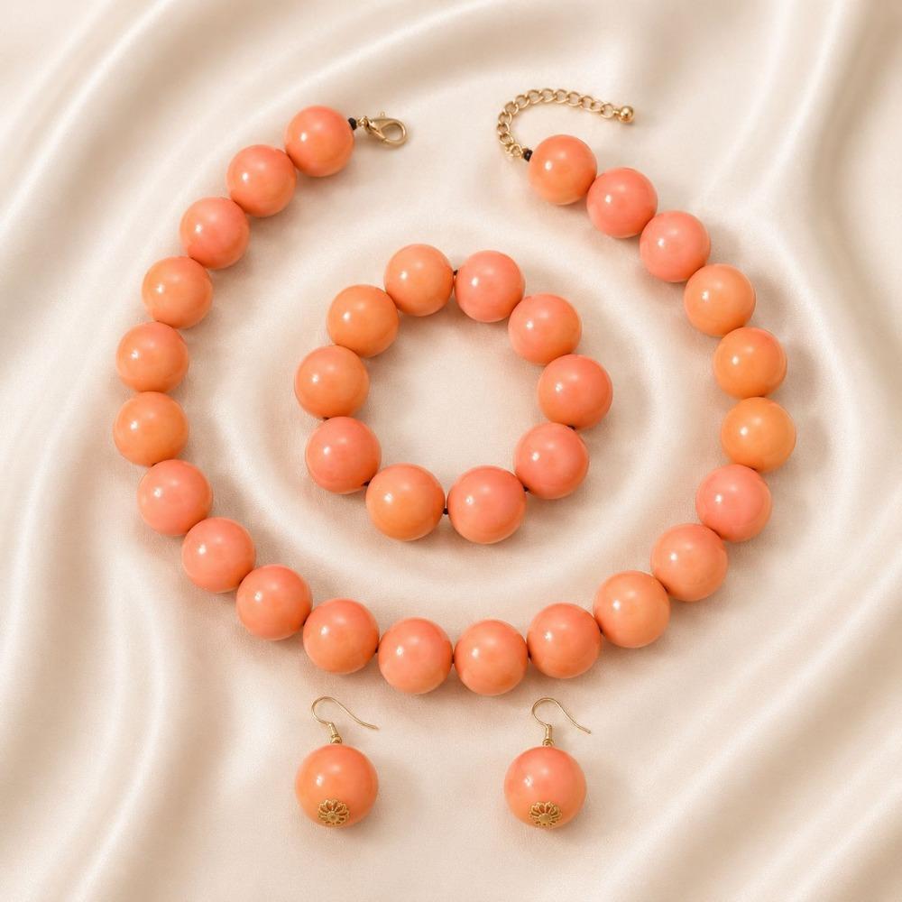 European and American Personality Exaggerated Design Round Bead Handmade Beaded Necklace Niche Retro Necklace Set Three-piece Set