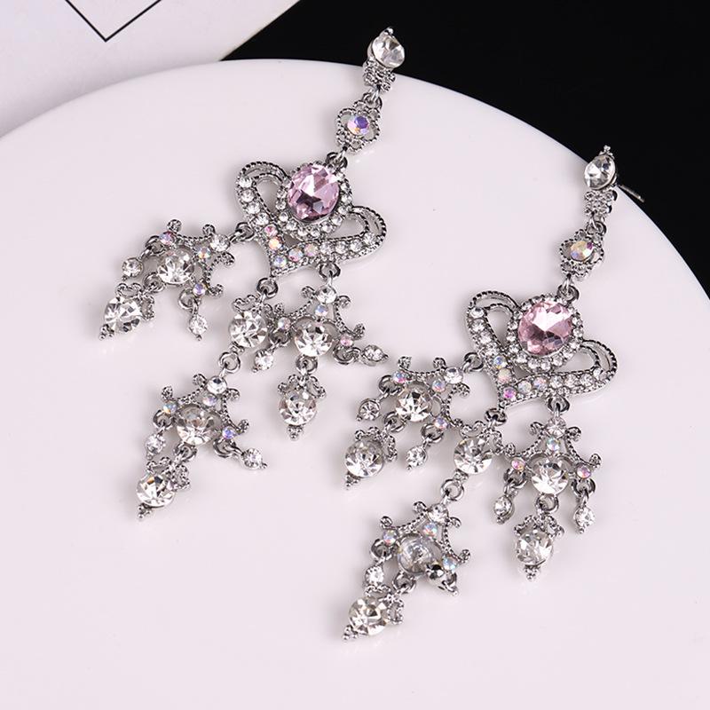 Retro Korean Baroque Pink Crystal Heart Tassel Earrings - Long, Elegant, Sweet Silver Needle Dangles