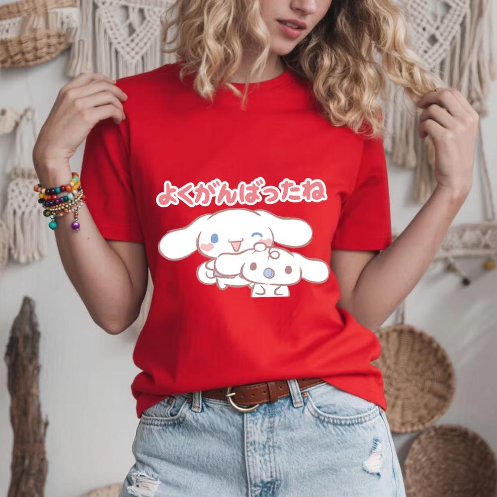2026 Summer  Womens Cute Cinnamoroll Warm EncourageUnisext Print Casual Cotton T Shirt Comfortable Summer Soft Top S