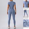 European & American Nude Feel Short Sleeve Yoga Jumpsuit - Women's Fitness Bodysuit with Zipper & Long Pants