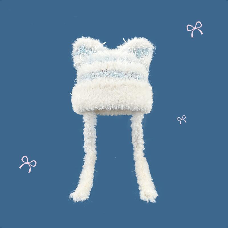 Hat Women's New Autumn and Winter Cute Plush Cat Ears Hat Warm Ear Protection Big Head Circumference Tide