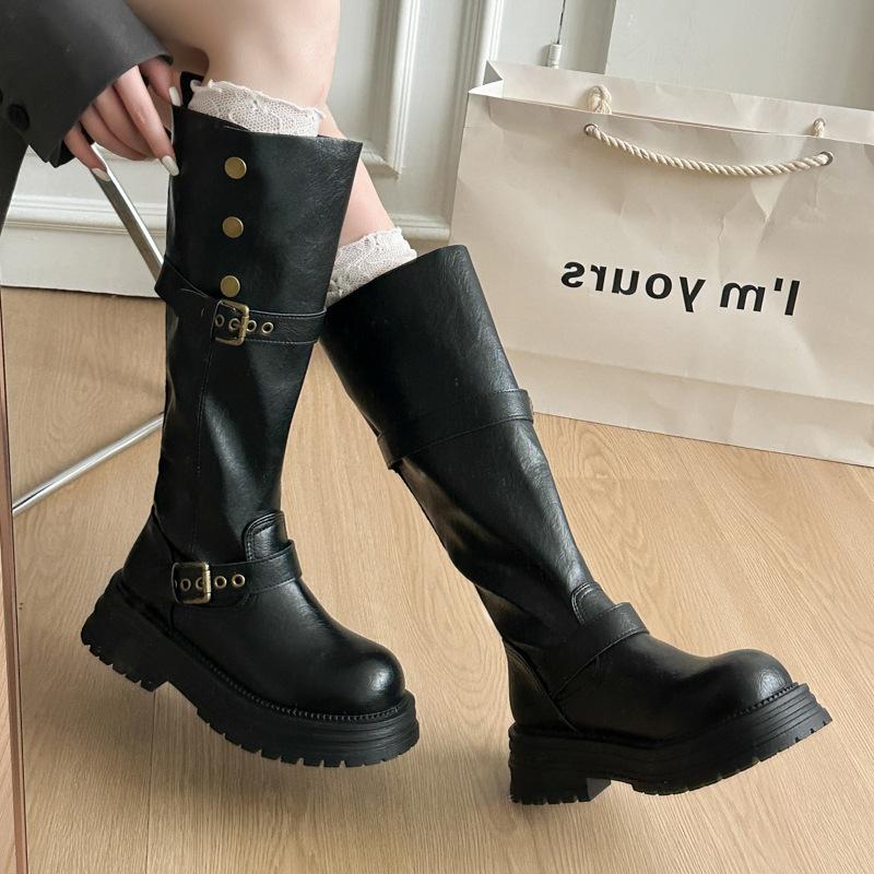 Retro thick-heeled thick-soled boots for women's 2025 autumn and winter new boots, tall and thin belt buckle British knight boots