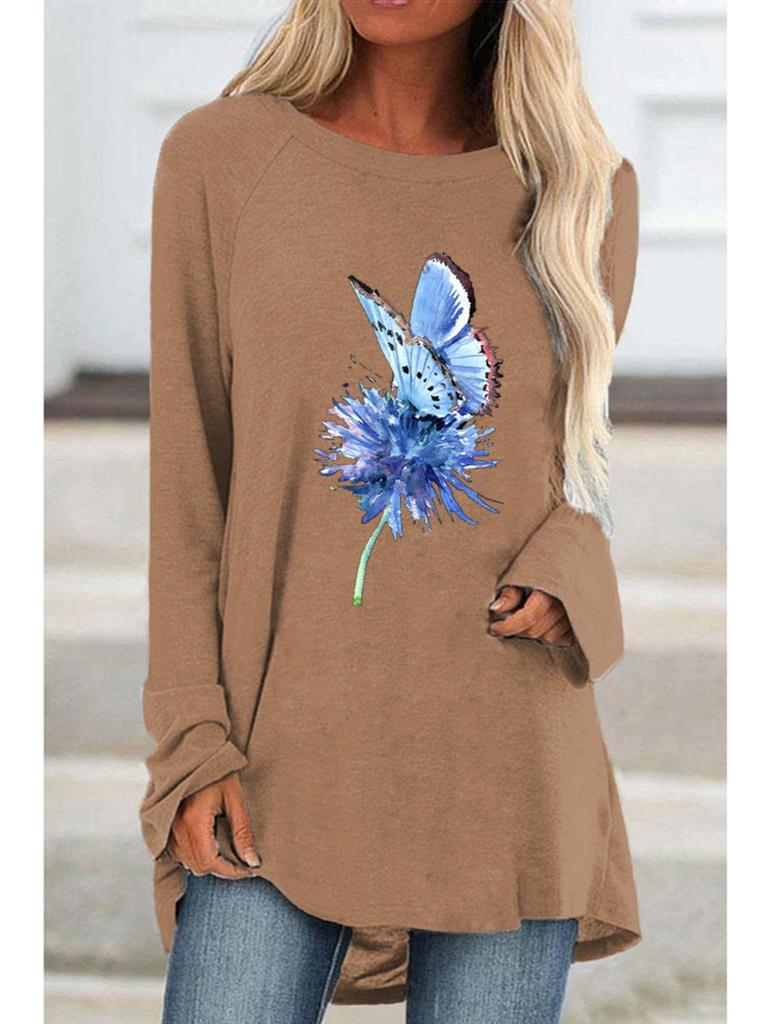 Übergröße Damen Frühling Blumenmuster Bequemes Langarm Rundhals T-Shirt Lässiges Weites Mittellanges T-Shirt Oberteile