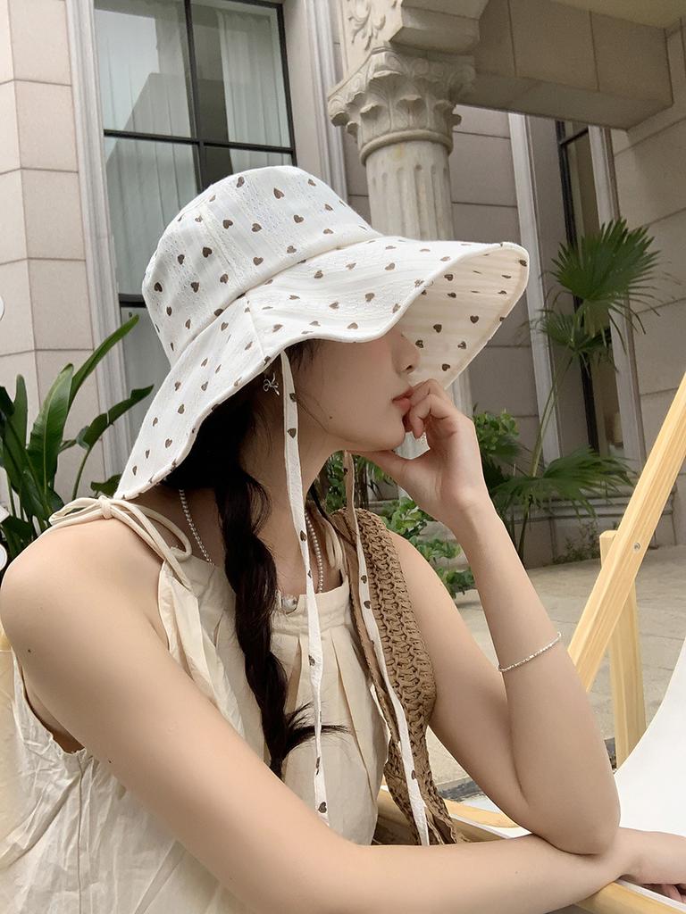 Cute Love Lace-up Bucket Hat Women's Summer Thin Breathable Big Brim Sunscreen Basin Hat Shows Small Face
