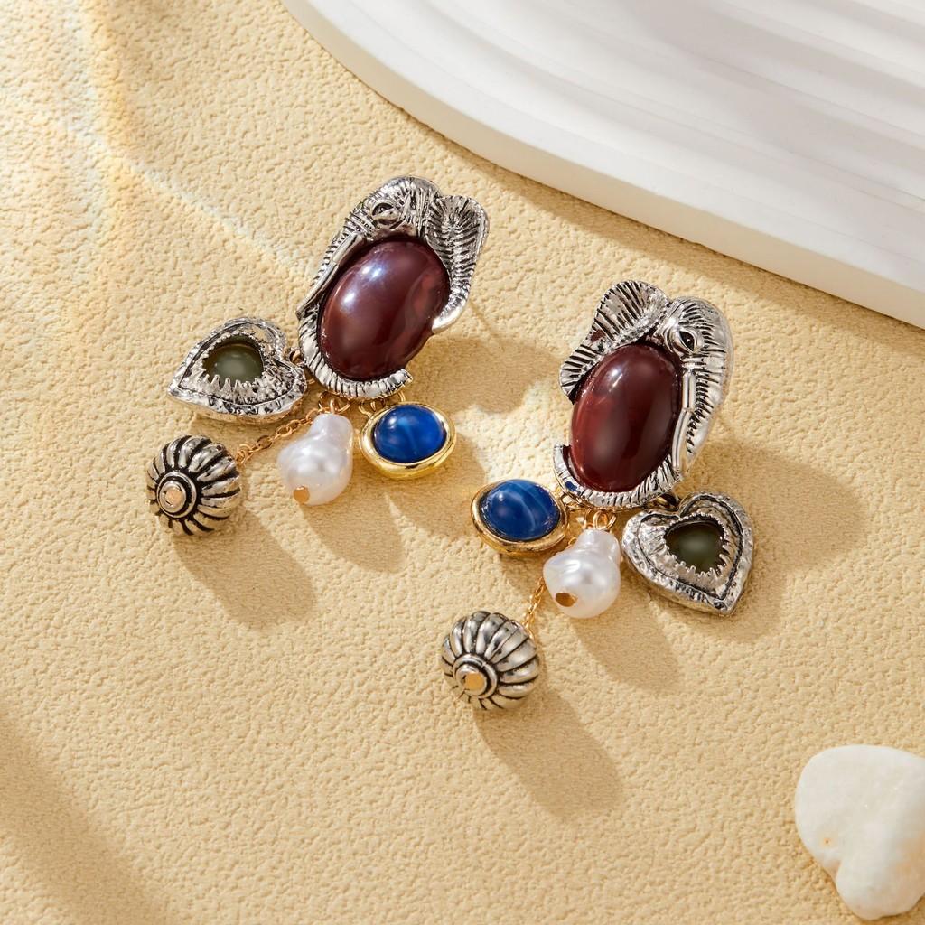 Elegant Retro Gemstone And Faux Pearl Earrings With Unique Shapes Asymmetrical