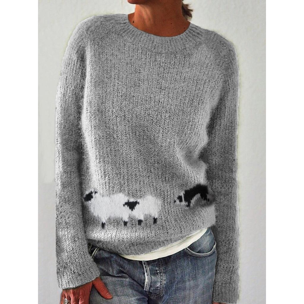 Women's Round Neck Long Sleeve Fair Isle Knit Sweater Regular Fit Casual Pullover Top