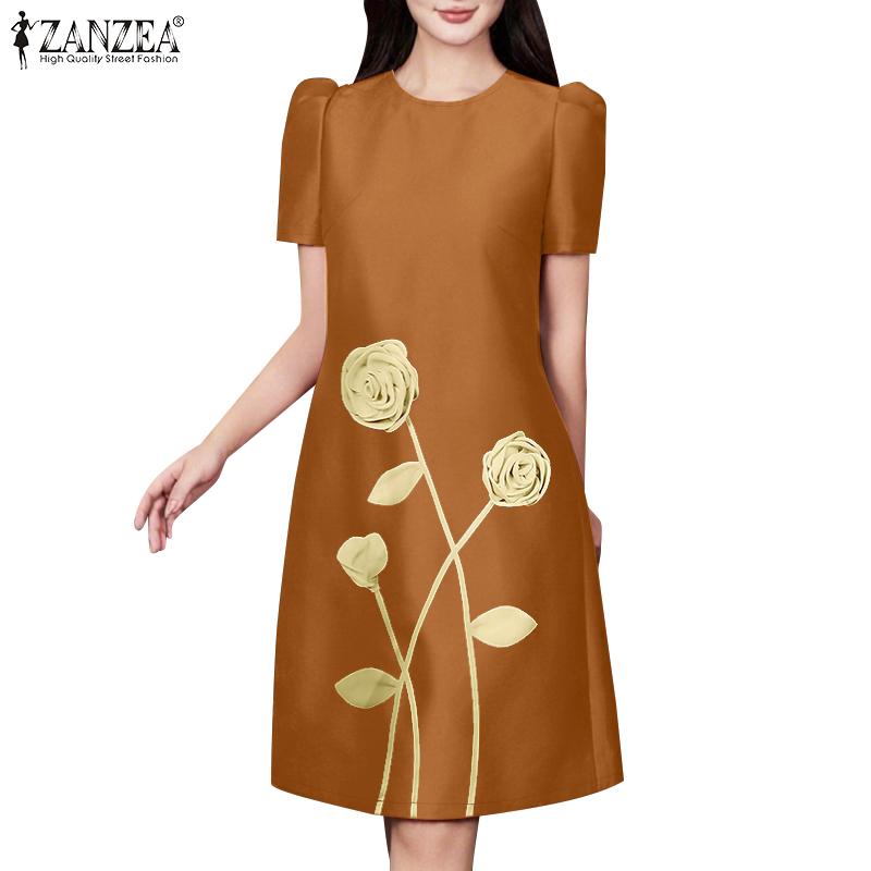 ZANZEA Women Casual Round Neck Summer Short Sleeve Print Dress