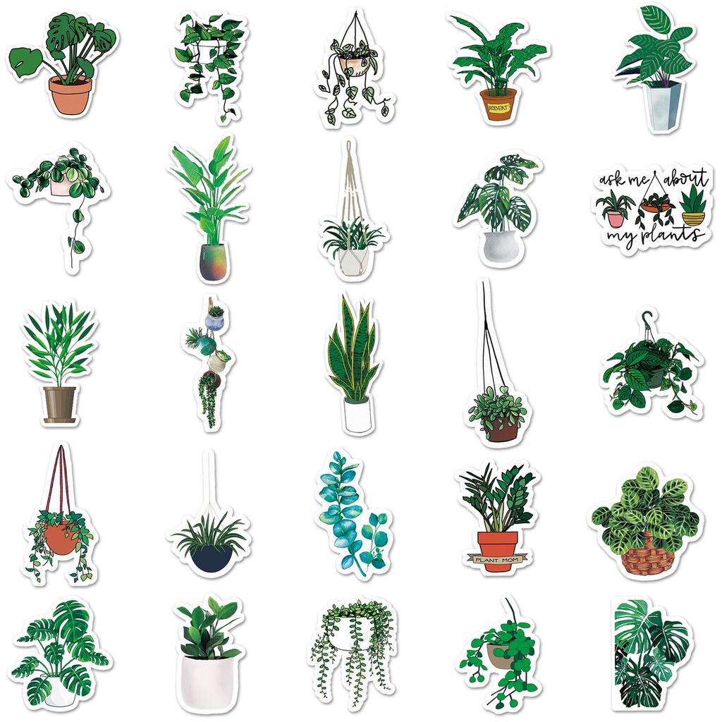 50 Sheets Cartoon Style Green Plants Decorative Stickers for Suitcases, Skateboards, and Cars
