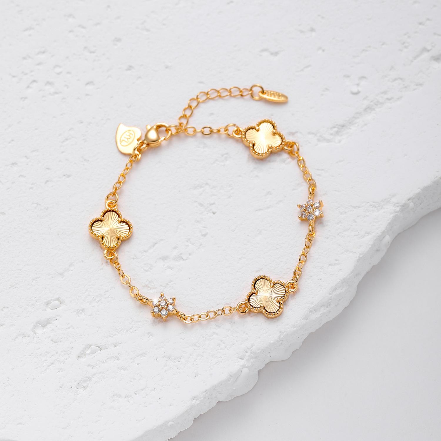 Браслет Клевер Сохраняющий Цвет Золотой Серебряный Инкрустированный Цирконом Браслет