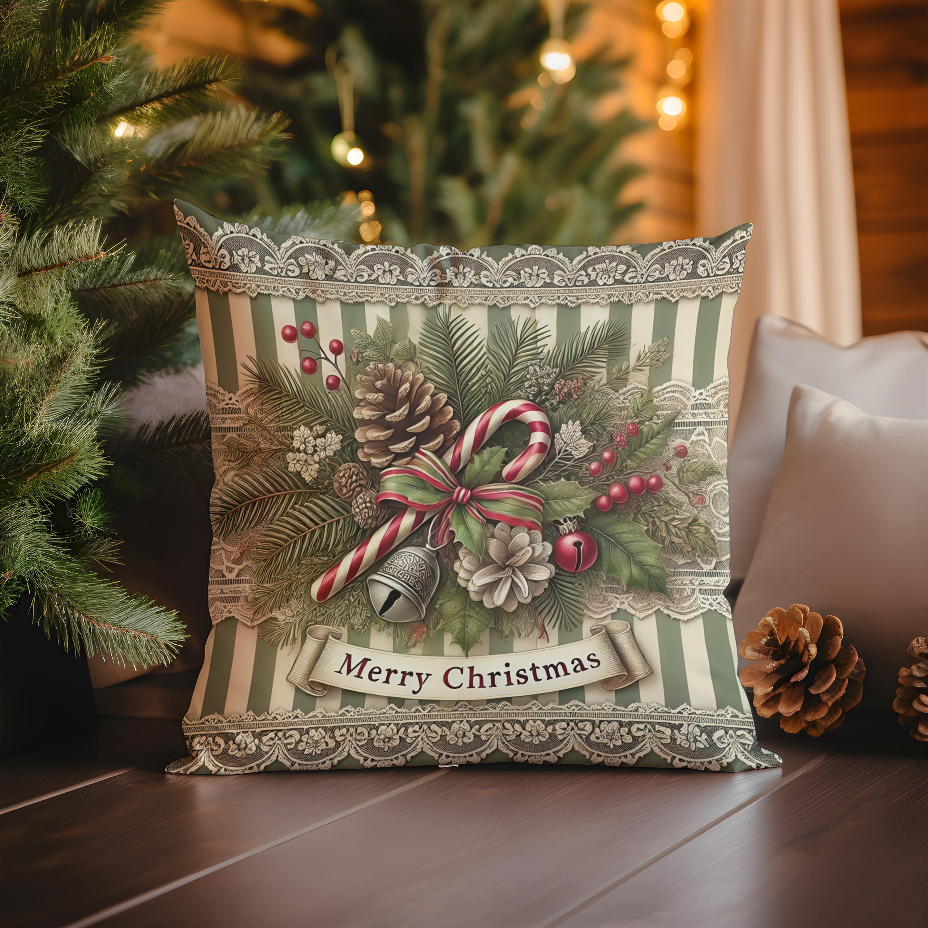 Home Decor Christmas Decor: Candy Cane & Pinecone Pillow Pattern Cushion Cover Suitable for Sofa Bedroom Car Pillow Cover 16x16Inch