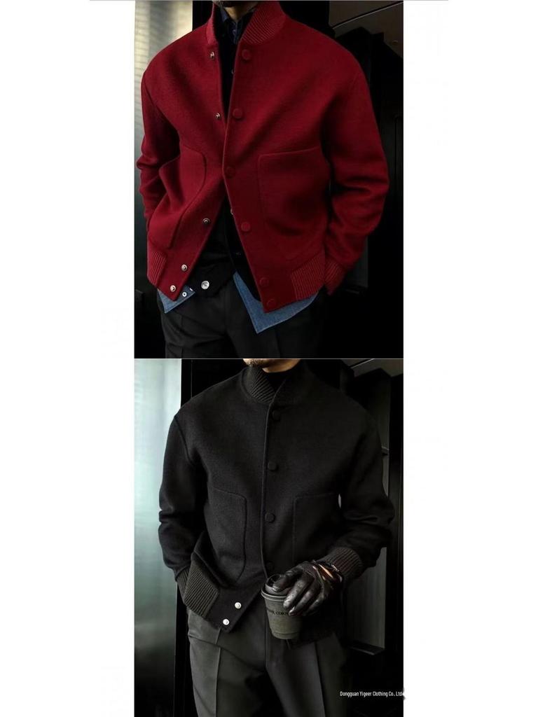 Men's 2025 Autumn/Winter Woolen Coat, Hong Kong Style, Solid Color, Stand Collar, Versatile and Trendy.