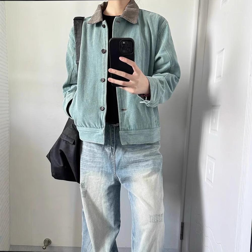 

Peacock Green Men s Washed Turn-Down Collar Shoulder Jacket XL синій