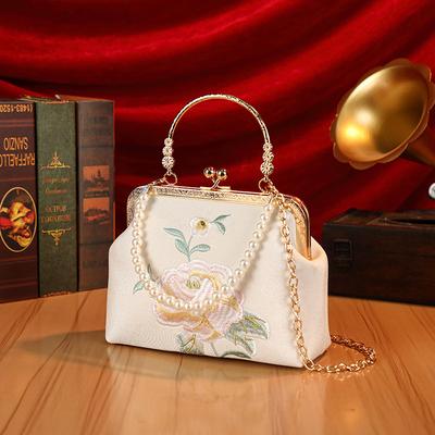 Elegante Camicia Lunga Floreale Ispirata alla Texture Ondulata Borsa a Tracolla Incrociata - Design Floreale Stampato, Chiusura con Fibbia, Lavare a Mano, Portafoglio da Matrimonio con Perle