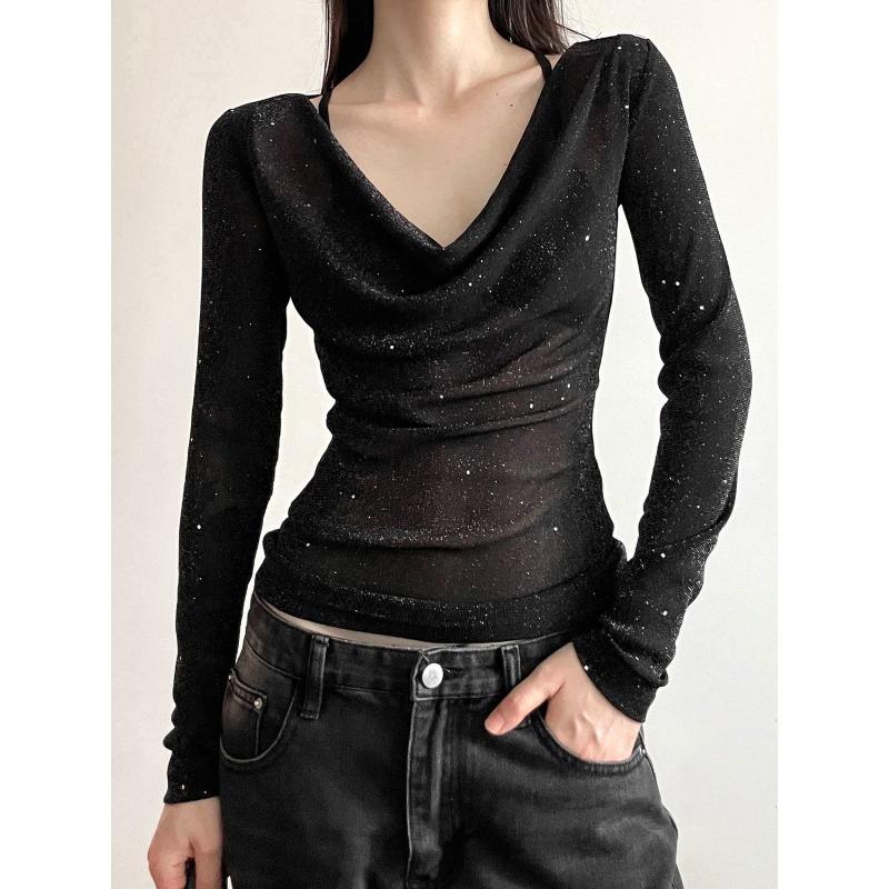 Chic Sequin V Swing Neck Long Sleeve T-shirt Women's Design Sense of Fashion Micro Transparent Slimming Spice Girl Top Trend