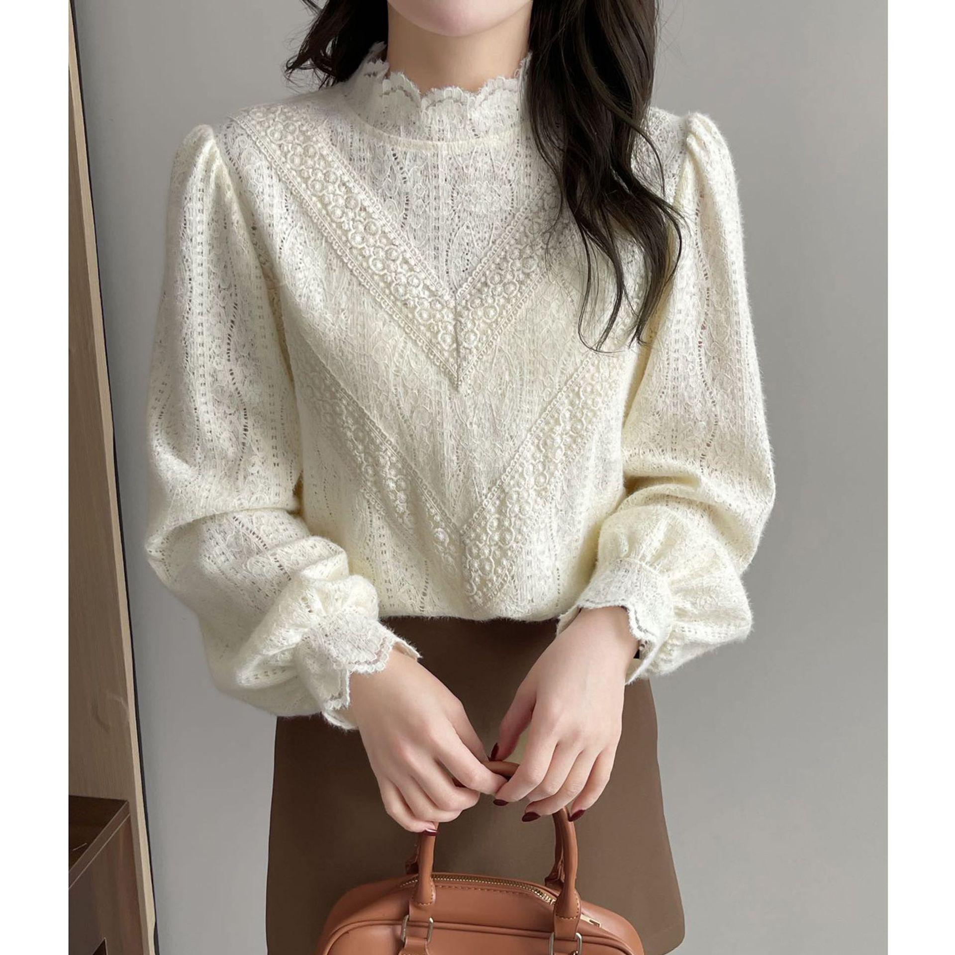 2026 Spring/Summer French Court Style Lace Half-High Collar Layering Top Medium слоновая кость