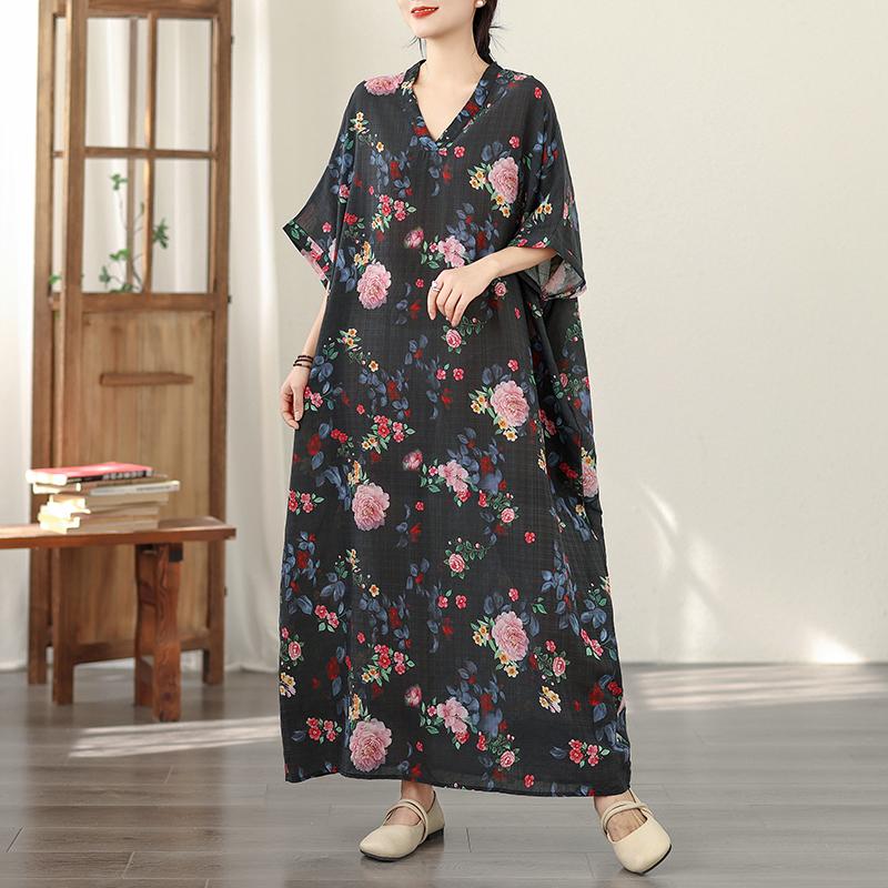 DIMANAF New 2026 Women Plus Size Spring Summer Beach Vintage Floral Print Black Long Dress Loose Oversize Maxi