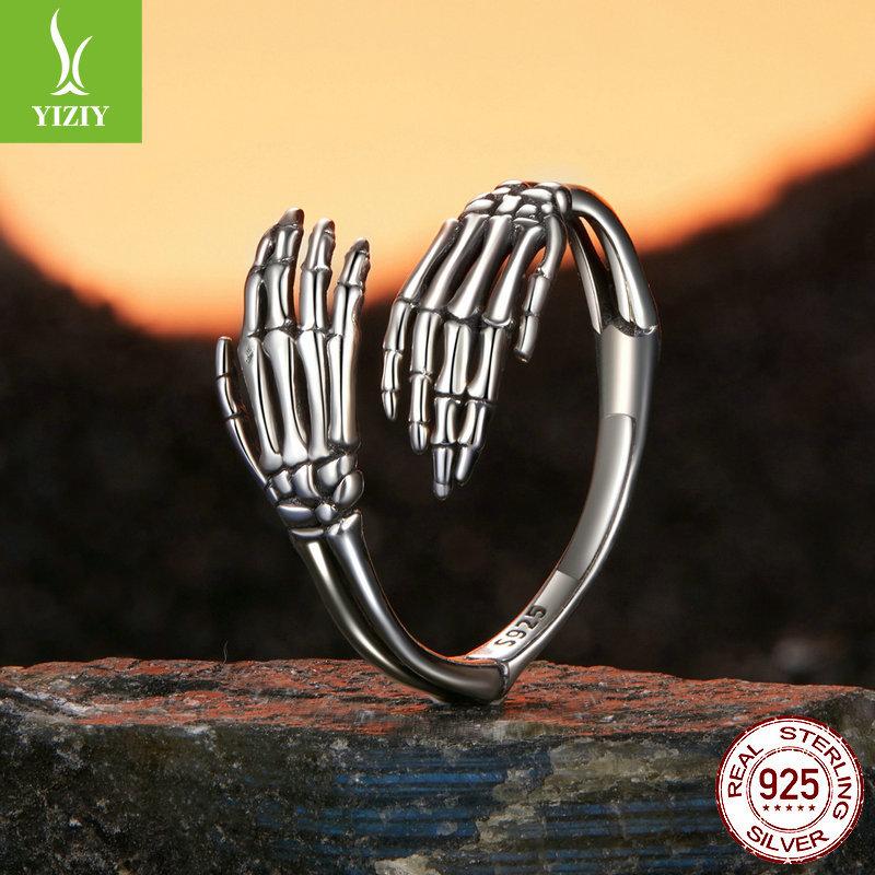Halloween Skull Hand Plain Silver Open Ring, Ornament Personality S925 Sterling Silver Ring