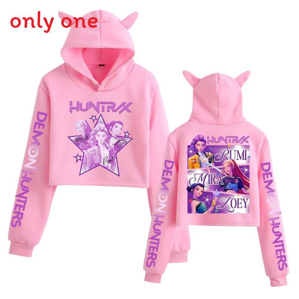 Kpop Demon Hunters Printed Short Hoodie With Cat Ears For Girls Summer Casual Wear