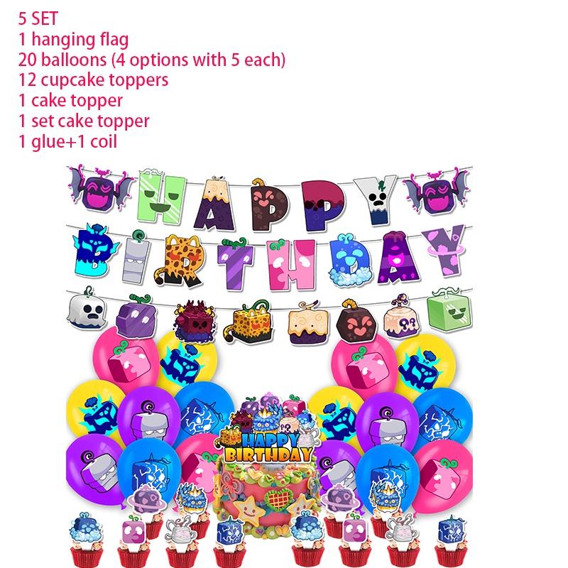 Blox Fruits Party Decorations Pirate King Game Box Flag Balloons Cake Toppers Birthday Banners Set)