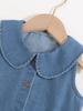 Cute and Sweet Two-piece Set for Little Girls: a Denim Vest Top Featuring a 3D Bow and Ruffled Hem, Paired with Stylish Denim Ruffled Shorts.