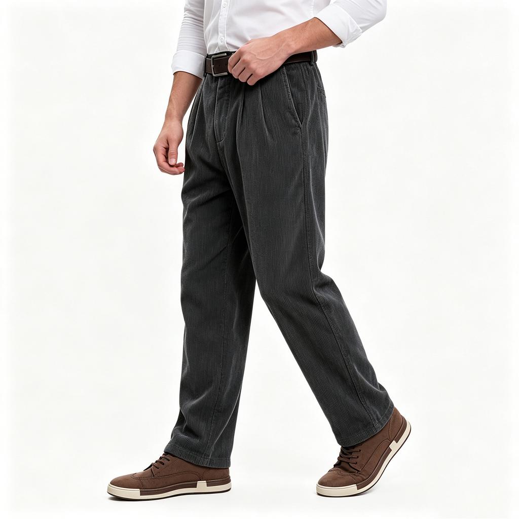 Men's Corduroy Double Pleated Straight Leg Dress Pants Relaxed Fit Comfortable Casual Trousers Fall Winter