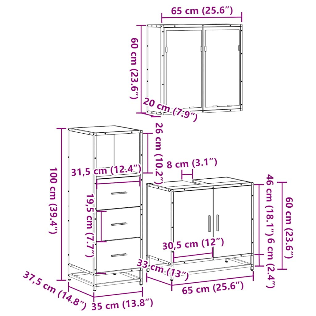 3 piece bathroom furniture set smoked oak wood based material