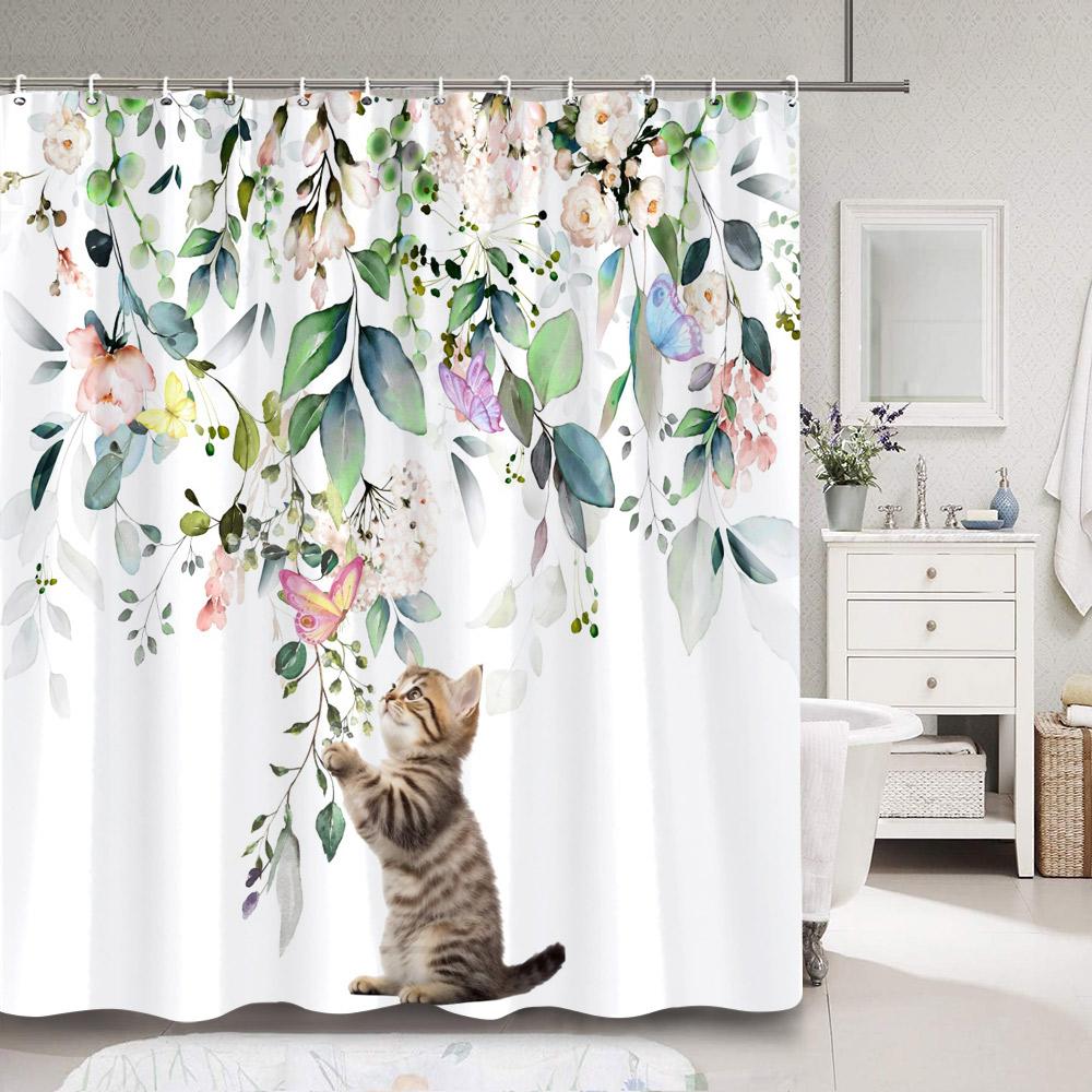 

Funny Cat In Flower Shower Curtain Green Eucalyptus Leaves Floral Butterflies Cartoon Animals Kids Shower Curtain Bathroom Decor W60H190(CM)-1 Pcs