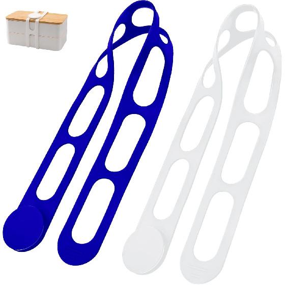 2-Pack Silicone Latch Strap with Buckle for Slow Cooker Pot, Lid, Bento Box, Universal Elastic Self-Lock Strap Tie for Curtain, Cords, Yoga Mat, Blue & White