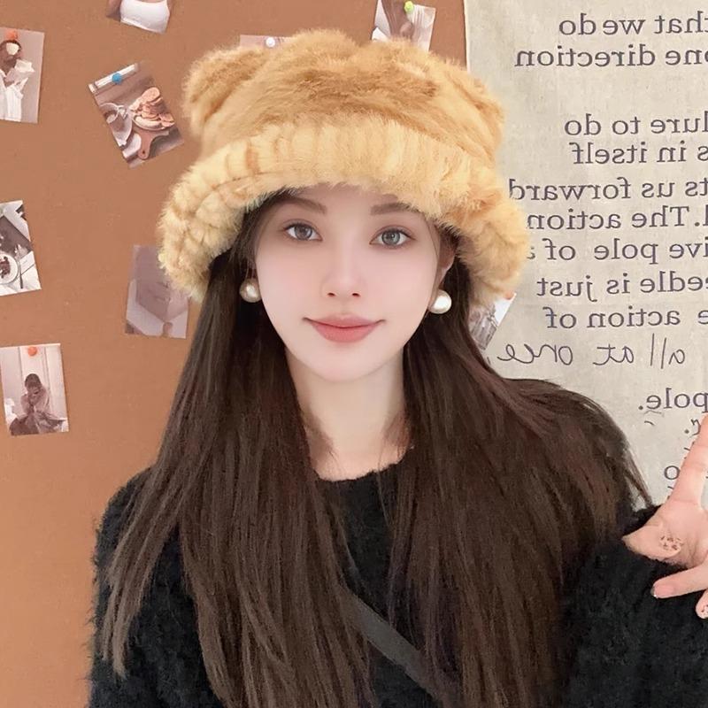 

Winter Hat for Women Cartoon Fluffy Fisherman Hat Cute Scarf Cold Protection Neck Tiger Pattern Bear Basin Hat Trendy M（56-58cm）