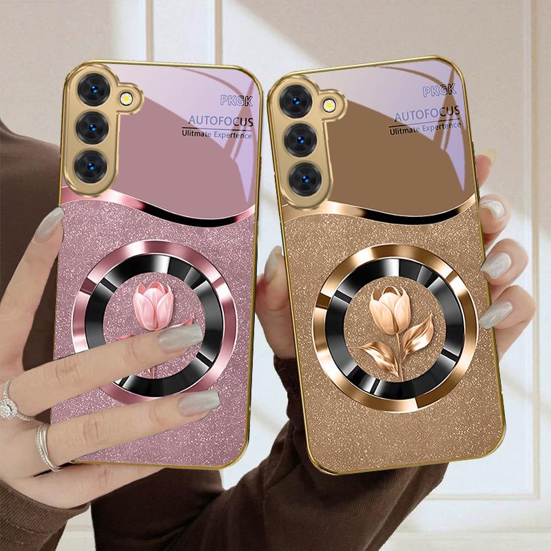 Exquisite flowers For Samsung Galaxy S20 FE S21 S22 Ultra S23 Plus S24 Ultra 25Ultra S21+ S9+ 22Plus Golden glass phone case