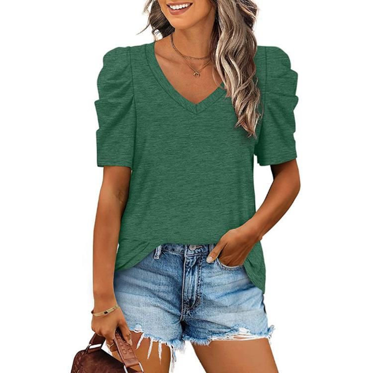 Women's  Fashion Summer Sexy Casual Loose T-Shirt Tops V-Neck Short Sleeve Tops Solid Color  Tops