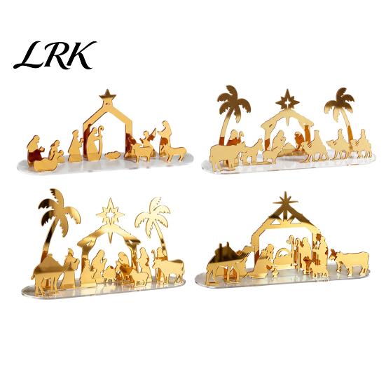 Decorative Table Accents Christmas Acrylic Ornament, Mirrored Golden Silhouette Scene, Gold Mirror Holiday Sign Desktop Display for Living Room