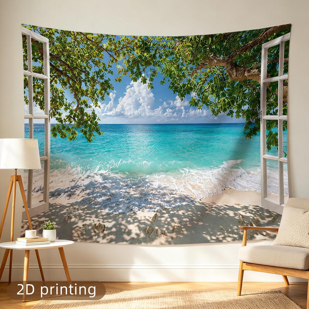 2D Flat, 1pc 2D Printed Tapestry, Large/Small Size, Open Door to Tropical Beach View, Aesthetic Wall Decor, Home Decor, Not Emitting Light, Suitable f
