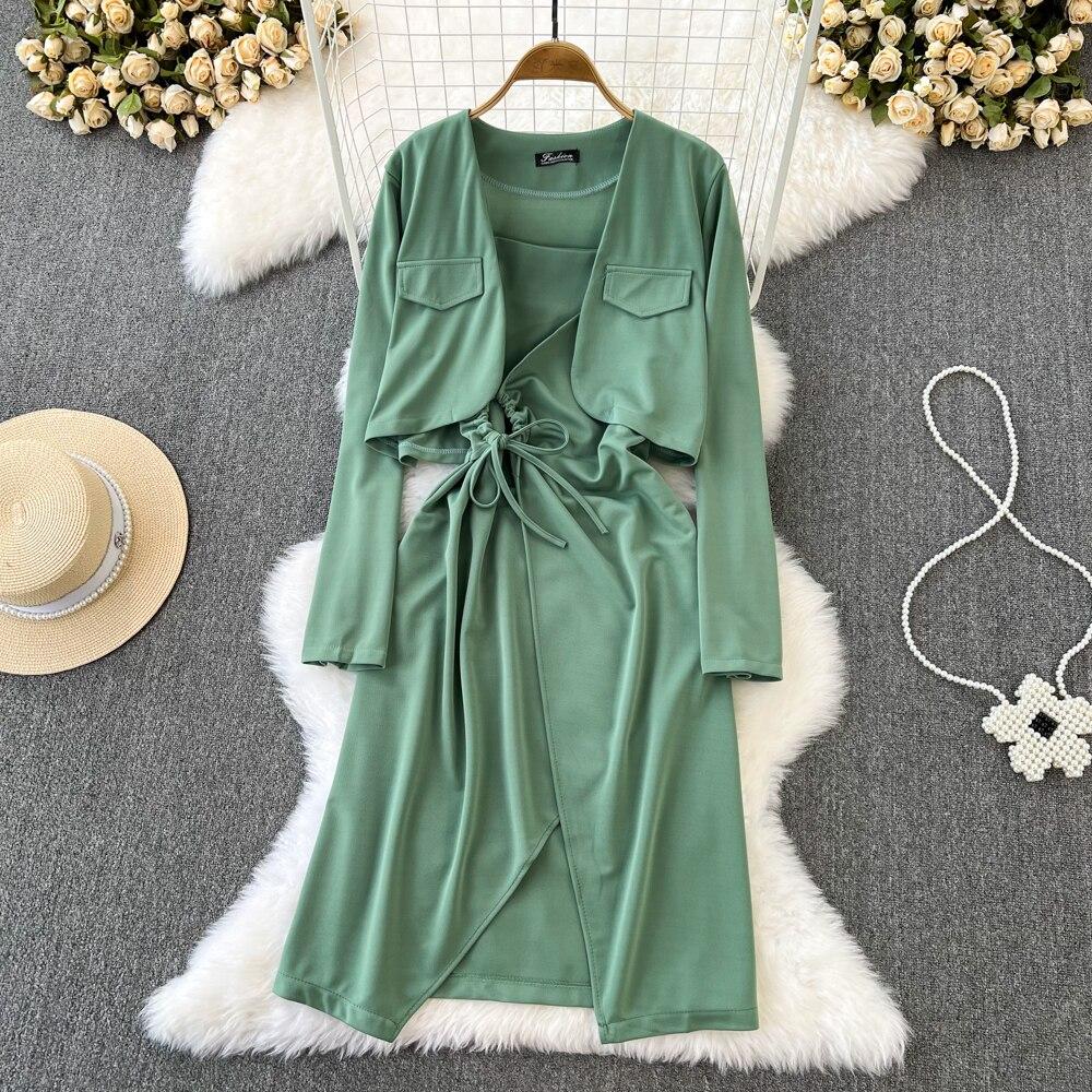 Fashion Suit Female Casual High Waist Short Solid Color Suit Jacket Two-Piece Set Halter Slit Pull Rope Dress Autumn