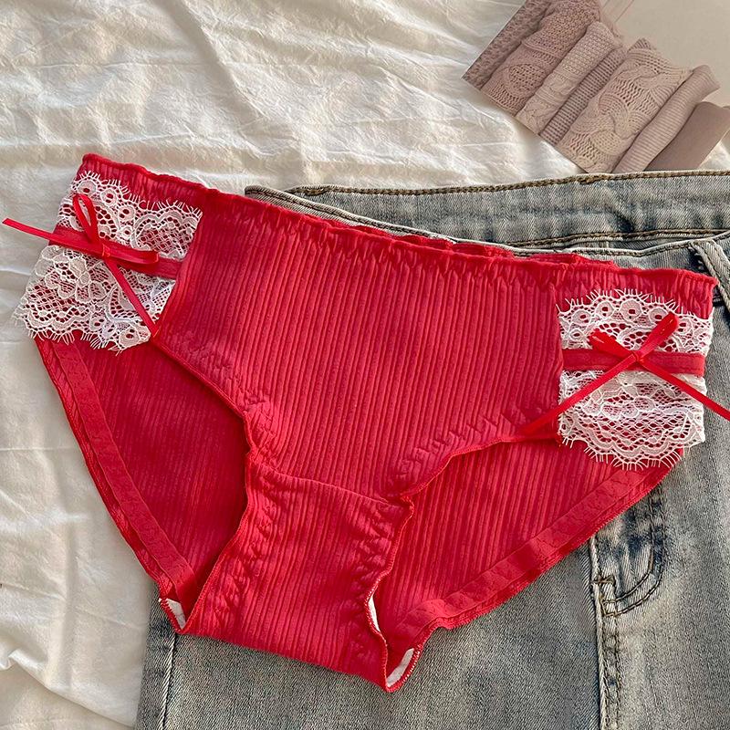 

Sweet Lace Antibacterial Women s Elegant Cotton Mid-Waist Bow Briefs M 75-95 lbs