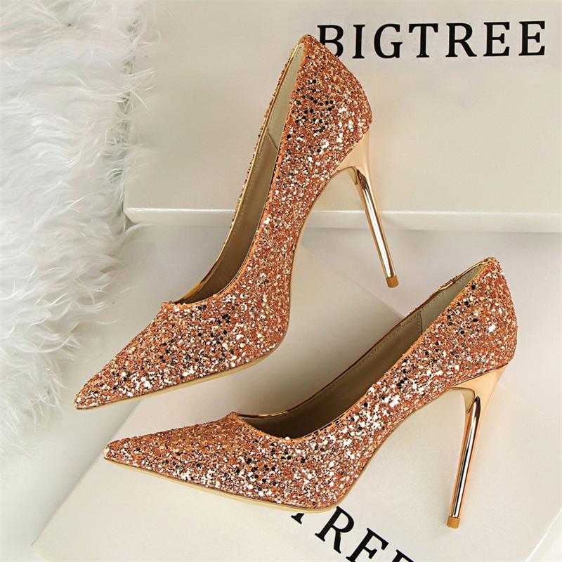  Women Fashion Pointed Toe Thin High Heels Sequins Glitter Luxury Designer Pumps Wedding Bridal Gold Valentine  Shoes