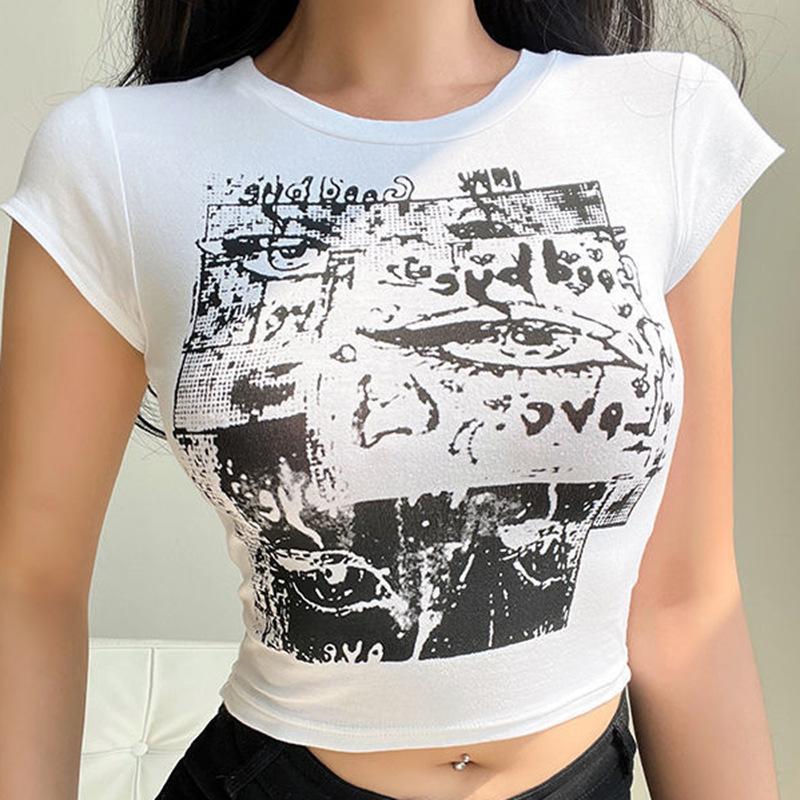 European, American English slogans Printed sexy exposed navel short T-shirt fashionable round neck slim slim top women's multi-picture