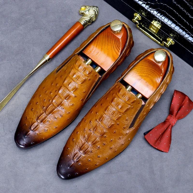 Fashion Crocodile Design Pointed Toe Genuine Leather Oxford Office Shoes Luxury Dress Shoes Slip On Wedding Shoes For Men