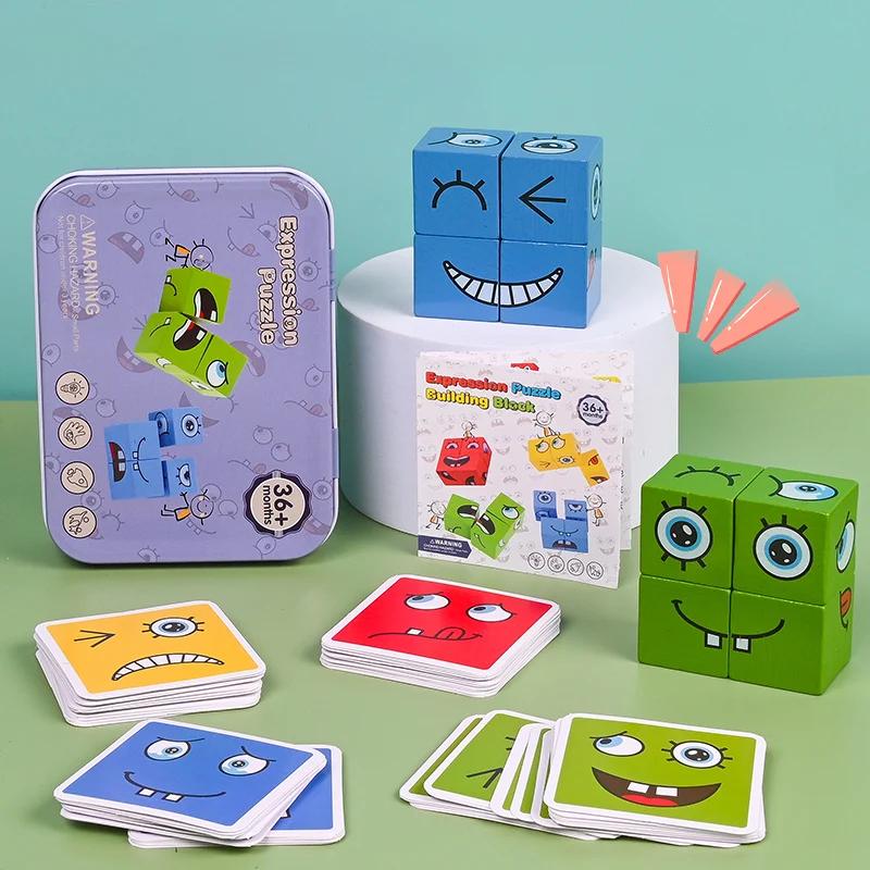 Emotions-Ausdruckswürfel Gesichtsveränderung Holzpuzzle Montessori Bausteine Spiel für Kinder Kreatives Lernspielzeug Geschenk Party-Spiel