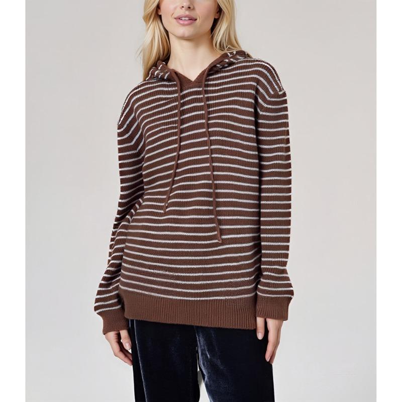 

Женский пуловер с капюшоном в ретро-полоску, осенне-зимний, в ленивом стиле, повседневный, свободный, большого размера, вязаный свитер One size